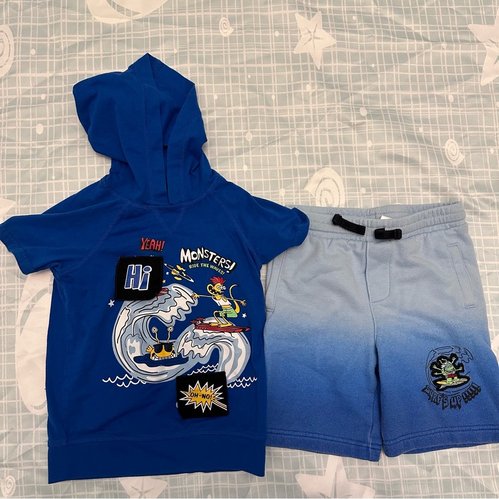 Blue Monsters Graphic Hoodie and Shorts Set